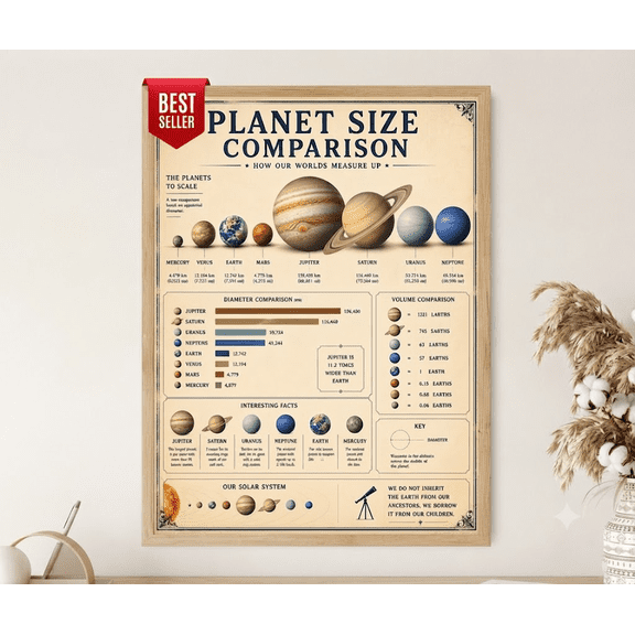 Unframed Planet Size Comparison Chart Solar System Scale Poster Astronomy Wall Art