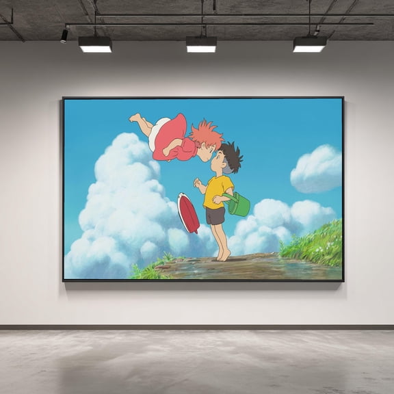 (Unframed) Ponyo Floating Kiss Scene, Anime Wall Art, Studio Ghibli Inspired, Blue Sky Clouds Decoration, Kids Room Poster