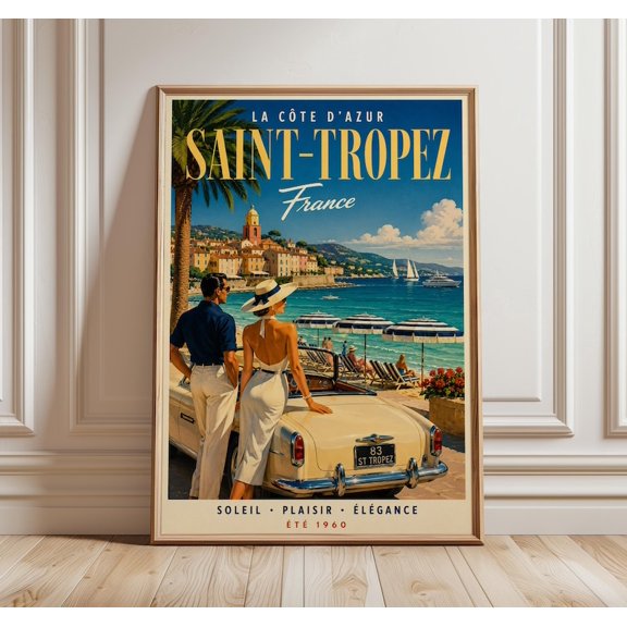 Unframed Poster Print Saint Tropez French Riviera Retro Beach Wall Art for Coastal Home Decor