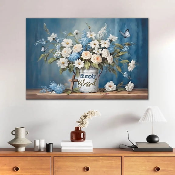 (Unframed) Simply Blessed Wall Art , Flowers and Butterflies, Christian Wall Decor