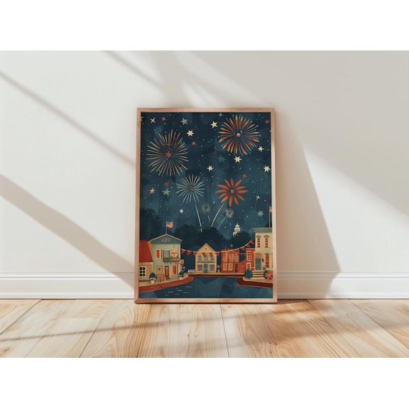 Unframed Small Town Fireworks Wall Art Print Americana Independence Day Poster Decor