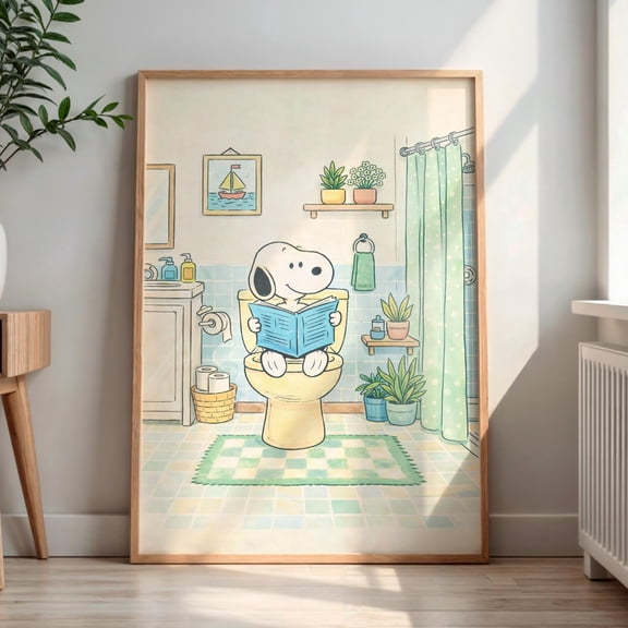 (Unframed) Snoopy Bathroom Wall Art, Funny Toilet Reading Poster, Whimsical Bathroom Decor, Cartoon Character Print, Housewarming Gift