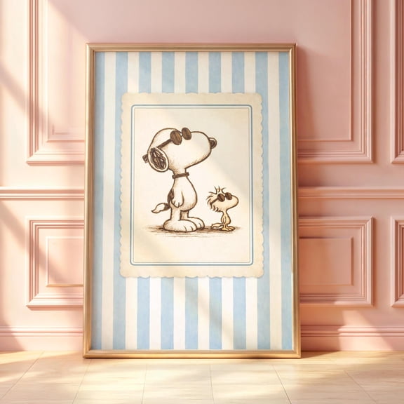 (Unframed) Snoopy and Woodstock Wall Art, Vintage Snoopy Poster, Minimal Peanuts Illustration, Cute Cartoon Wall Decor, Aesthetic Print