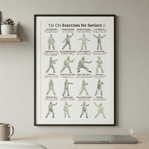 Unframed Tai Chi Exercises for Seniors Balance Training Chart Home Gym Poster