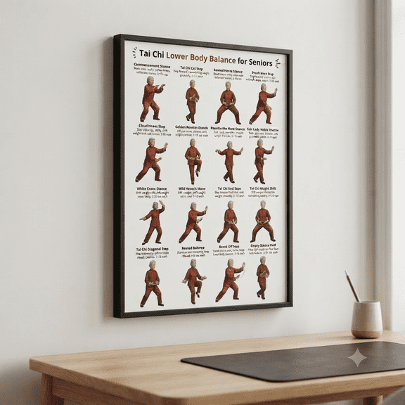 Unframed Tai Chi Lower Body Balance Exercises Poster Senior Fall Prevention Chart