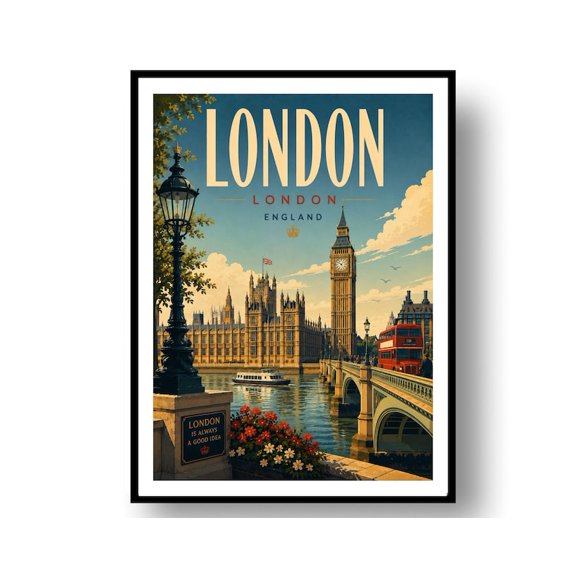 Unframed Travel Poster London England Vintage Landmarks Wall Art Print for Home and Office Decor