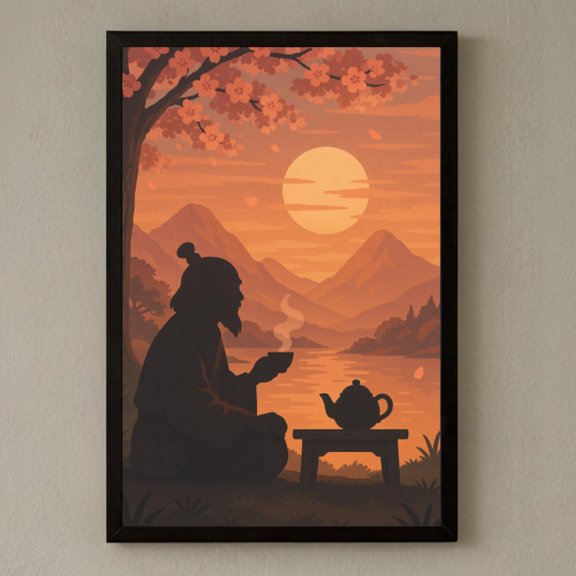 (Unframed) Uncle Iroh Tea Time, Minimalist Sunset Anime Wall Art, Zen Avatar Poster, Sakura Tree, Cherry Blossom Tea Poster