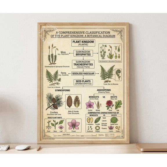 Unframed Vintage Botanical Classification Poster Plant Kingdom Taxonomy Chart Print Multicolor
