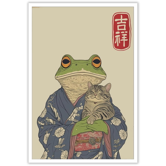 (Unframed) Vintage Japanese Frog Poster Funny Frog Hugging Cat Wall Art Unique Abstract Creative Eclectic Animal Pictures Prints Painting For Home Bedroom Dorm Living Room Wall Decor
