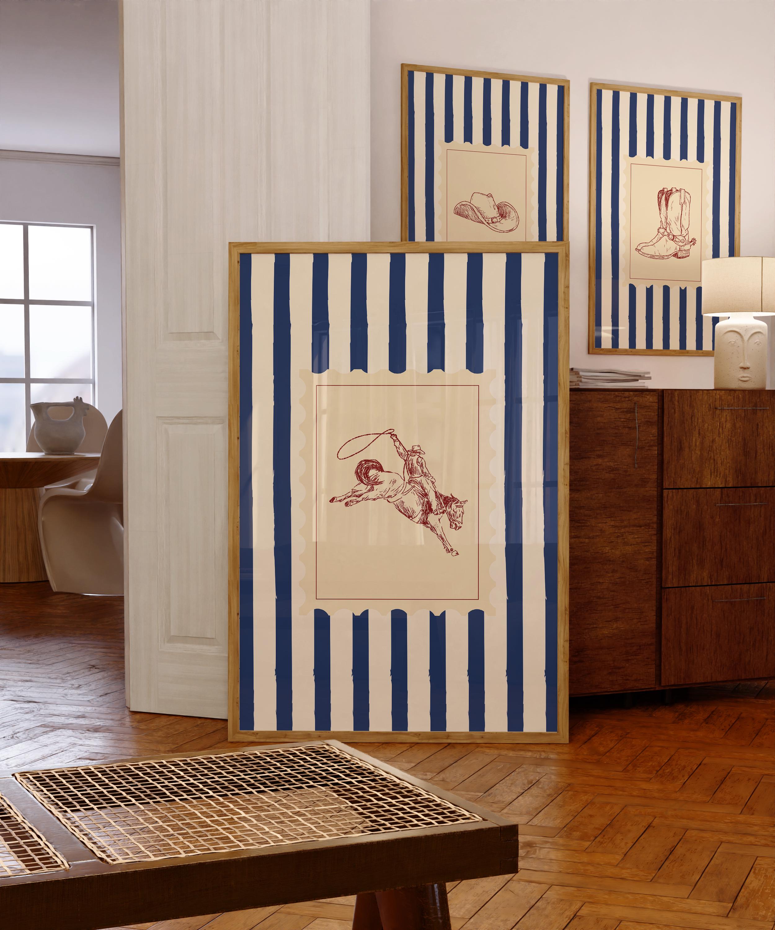 Young Rodo Schech (Unframed) Vintage Striped Cowboy Rodeo Print Rustic Bedroom Sketch ...