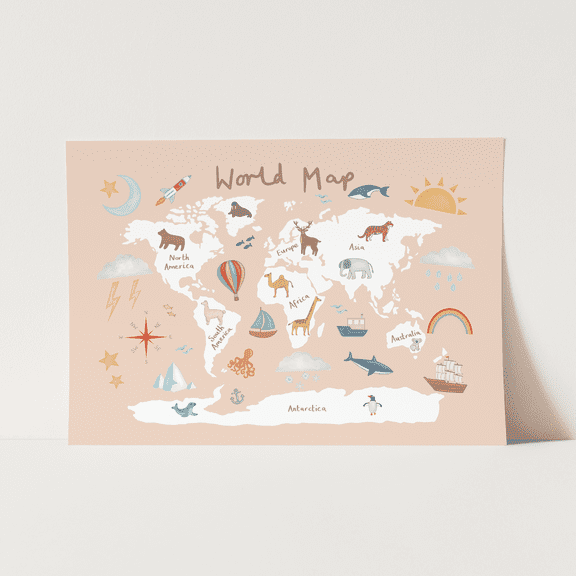 (Unframed) World Map in pink / Fine Art Print