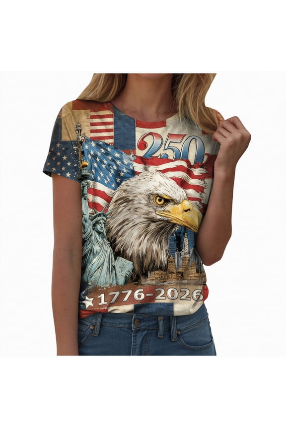 250 Anniversary USA Shirt for Women American Flag Freedom Graphic Tees Tops Patriotic Casual Short Sleeve Shirt for Women (Brick Red,L)