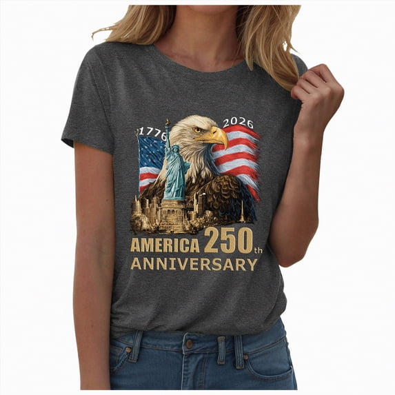 UngA 250 Anniversary USA Shirt for Women American Flag Freedom Graphic Tees Tops Patriotic Casual Short Sleeve Women Shirts S,Grey