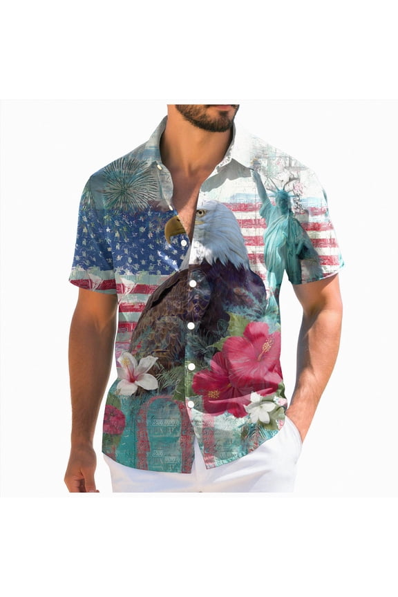 250 Anniversary USA Shirts, Hawaiian USA Bald Eagle Shirts American Flag Button T-Shirt Short Sleeve Casual Holiday Beach Shirts Grey,XXL