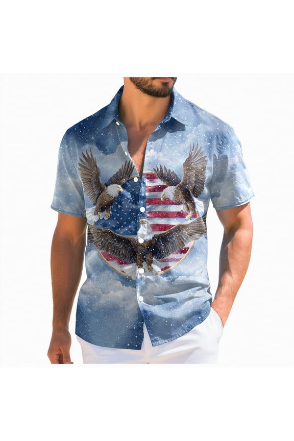 250 Anniversary USA Shirts, Men's American Flag Patriotic Button Down Shirt USA 4th of July Short Sleeve Tshirts Shirts for Men (Light Blue,3XL)