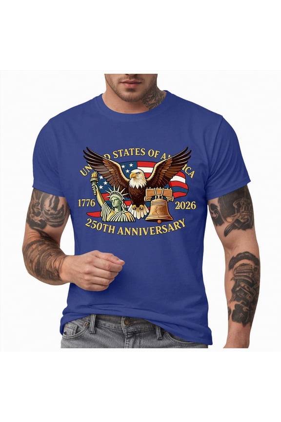 250 Anniversary USA T Shirt, American Flag Eagle Shirt Men's 1776 July Patriotic Graphic T Shirt 4th of July Tees USA Flag Short Sleeve Shirt (Blue,XXL)