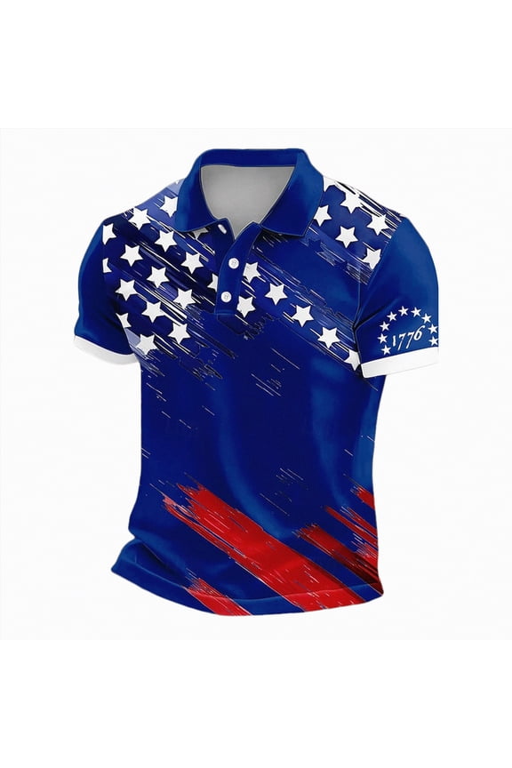 250 Years America Shirt, 4th of july t shirts for men Short Sleeve Patriotic Shirts Flag Print Polo Button Down Tee (Blue,M)