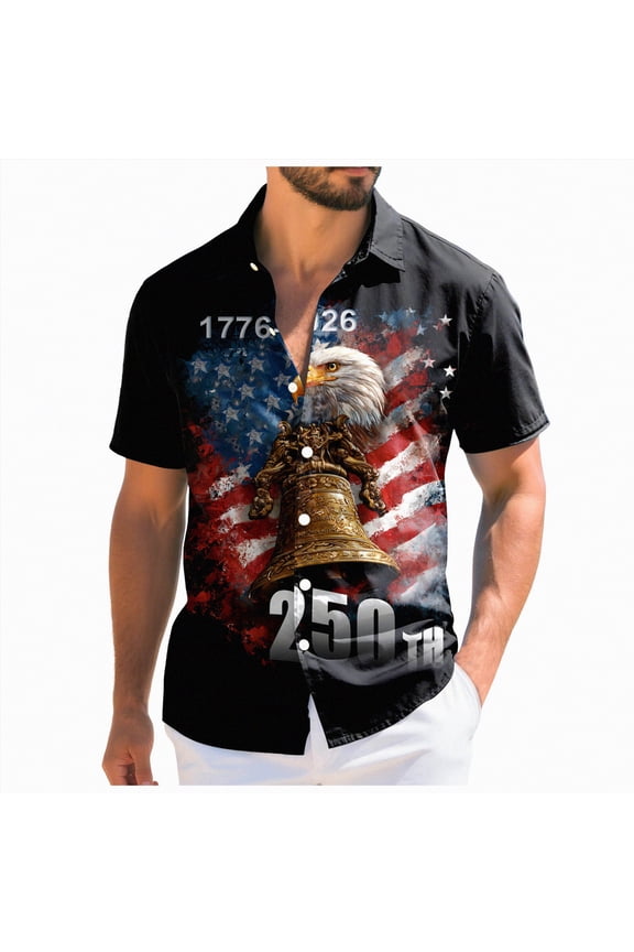 250 Years America Shirt, Men's 4th of July Shirt American Flag Button Up Tshirts Hawaiian Short Sleeve Party Shirt (Black,XXL)