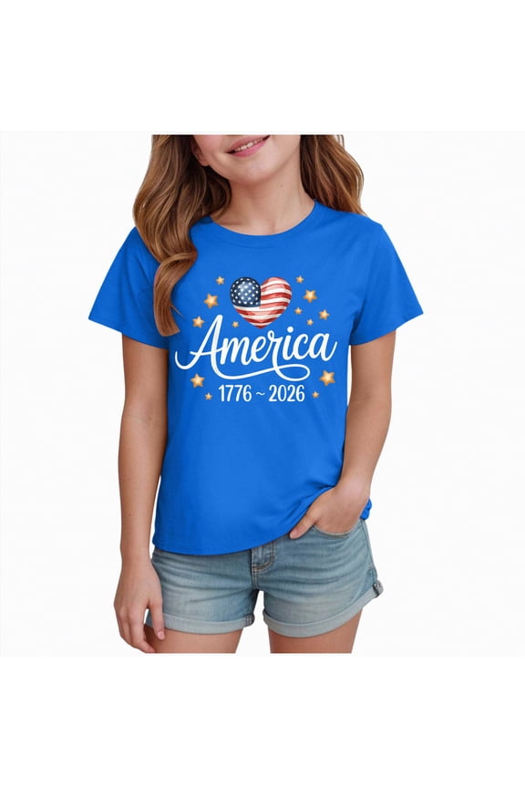 250 Years American 250th Anniversary US USA Flag 4th of July Shirts Boys Girls Short Sleeve Crew Neck Graphic Tee 2-14 Years,Blue