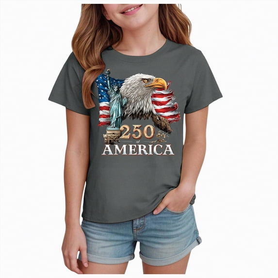 UngA 250 Years of Freedom 1776 2026 Bald Eagle 250th Birthday Tshirt for Boys Girls Short Sleeve Crew Neck Graphic Tee 2-14 Years,Grey