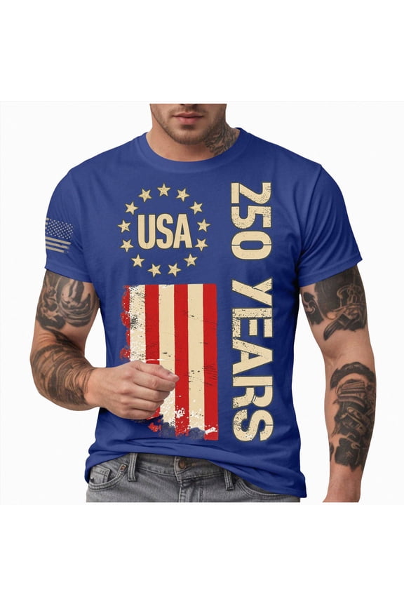 250th Anniversary Shirt, American Flag Eagle Shirt Men's 1776 July Patriotic Graphic T Shirt 4th of July Tees USA Flag Short Sleeve Shirt Blue,XL