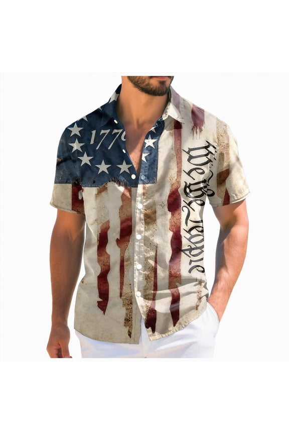 250th Anniversary Shirt, Men's American Flag Button Down Shirt Casual Eagle Hawaiian Shirts Patriotic Short Sleeve T Shirts for Man (Beige,S)