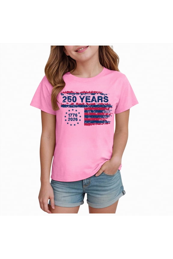 250th Anniversary Shirts Boys Girls American Flag Tshirt Toddler Patriotic Tops Kids 4th of July Outfits Tee USA Short Seleve 2-14 Years,Pink