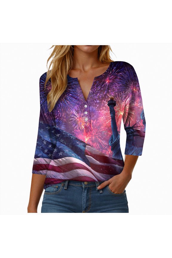 250th Anniversary USA Shirt Womens 3/4 V Neck Sleeve American Flag Shirts 4th of July Summer Shirts Graphic Tops (Purple,XL)