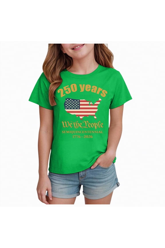250th Anniversary United States 250th USA 4th of July 2026 Boys Girls Shirt Short Sleeve Crew Neck Graphic Tee 2-14 Years,Green