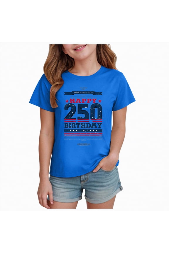 4th of July American Flag Vintage 250 Years 1776 2026 USA Boy Girl T-Shirts (11-12 Years,Blue)