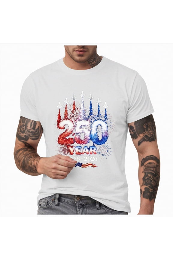 4th of July Shirts for Men 250th Anniversary Independence Day Short Sleeve Tees Tops Patriotic American Flag Men's T-Shirts (White,XL)