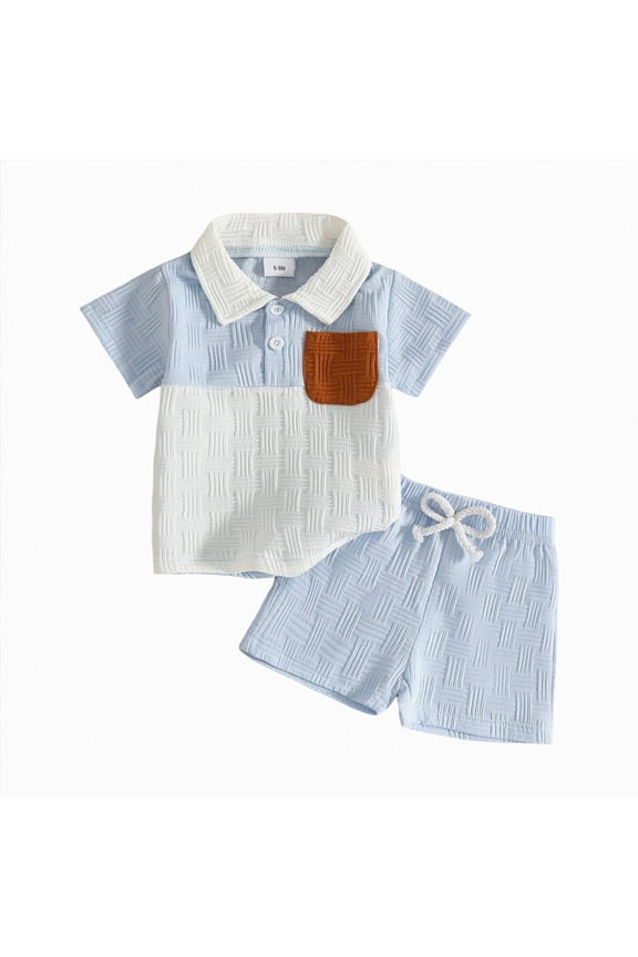 4th of July Toddler Baby Boy Outfits USA Flag Embroidery Striped Waffle Knit T-Shirt and Shorts Set Patriotic Clothes(Sky Blue,9-12 Months)