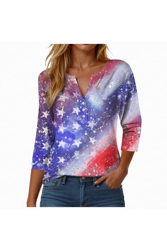 America 250 Womens Shirt American Flag 3/4 Sleeve Shirt 4th of July T-Shirt USA Flag Patriotic Tee Tops (Sky Blue,S)