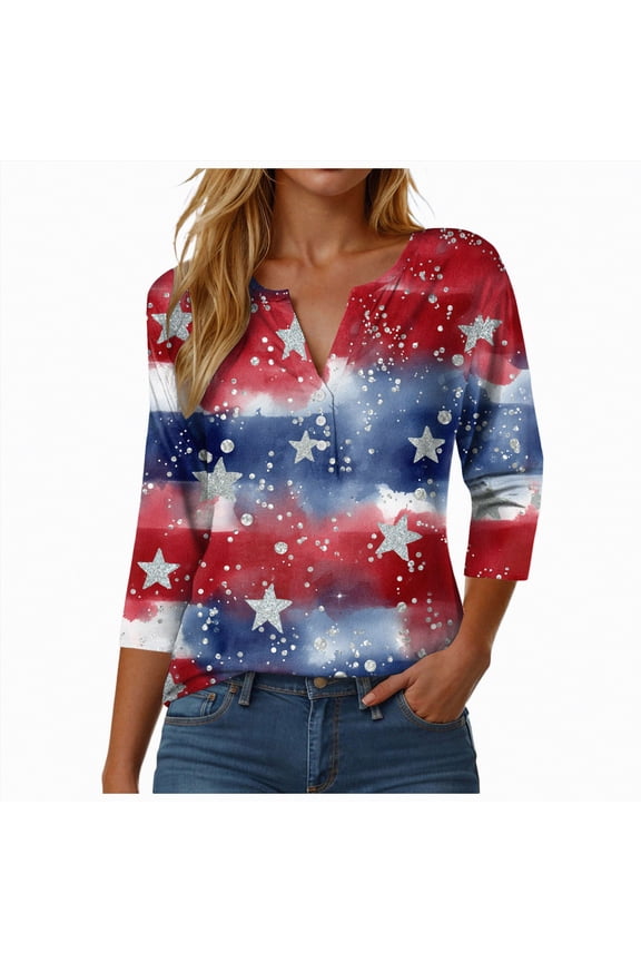 American 250 Anniversary Shirt Womens 3/4 Sleeve American Flag T-Shirts Crew Neck 4th of July Summer Graphic Tee Tops (Dark Blue,XL)