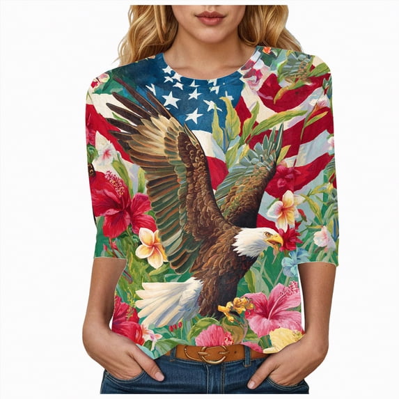 UngA American 250 Anniversary Shirt Womens 3/4 Sleeve American Flag T-Shirts Crew Neck 4th of July Summer Graphic Tee Tops (Wine,S)