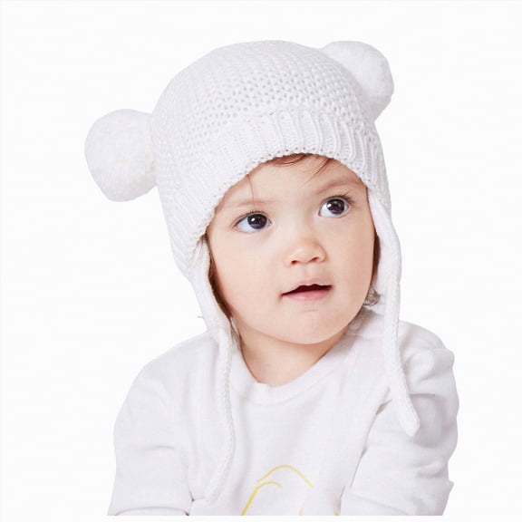 UngA Baby Beanie Earflaps Hat Infant Toddler Girls Boys Soft Warm Knit Hat Winter Hat with Fleece Lining (White,1-2 Years)