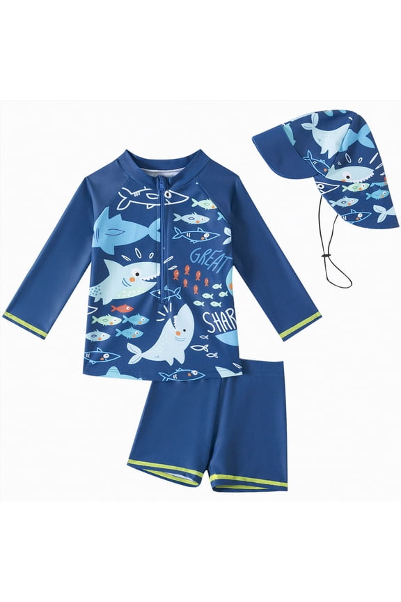 Baby Boy 3 Pieces Swimsuit Quick Dry Swim Trunks Set Toddler Short Sleeve Rash Guard Sets Beach Hawaii Bathing Suits Swimwear with Sun Hat (Blue,6-12 Months)