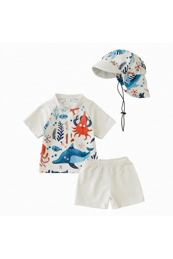 Baby Boy 3 Pieces Swimsuit Quick Dry Swim Trunks Set Toddler Short Sleeve Rash Guard Sets Beach Hawaii Bathing Suits Swimwear with Sun Hat (White,2-3 Years)