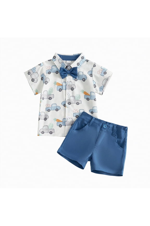Baby Boy Shorts Set Summer Clothes Toddler Bunny Carrot Embroidery Striped Short Sleeve Lapel T-shirt Shorts Sets Infant Easter Outfit (Blue,3-4 Years)