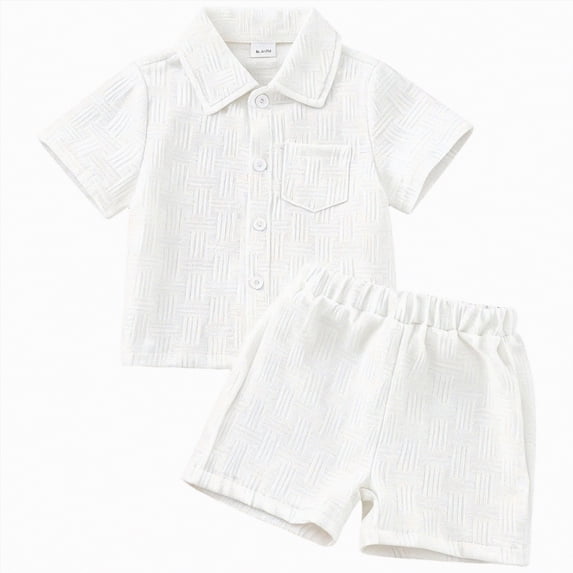 UngA Baby Boy Summer Clothes Toddler Infant Boys Button-down Texture Shirt Tops + Cotton Shorts Outfit 2PCS Set with Pockets (White,18-24 Months)