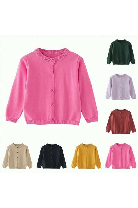 Baby Boys Girls Cotton Cardigan Long Sleeve Kid Button Sweater for Toddler Crew Neck Cardigans Uniform Sweater (Hot Pink,6-12 Months)