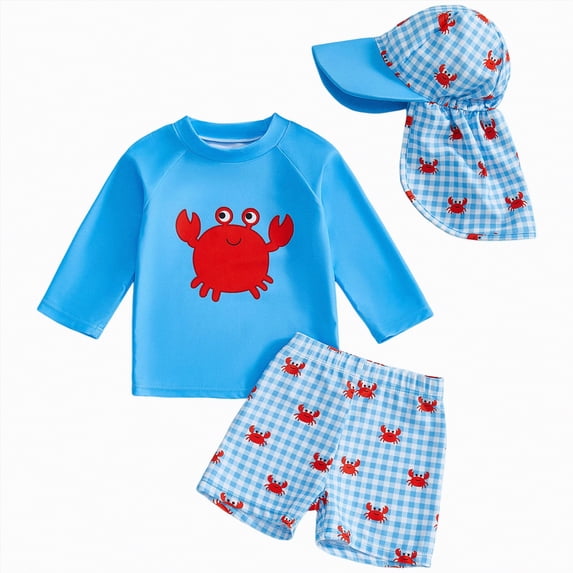 UngA Baby Boys Swimsuit Long Sleeve Rash Guard Swimwear Swim Trunk with Hat Set 3-Piece Bathing Suit for Toddler Baby Boy (Sky Blue,12-18 Months)