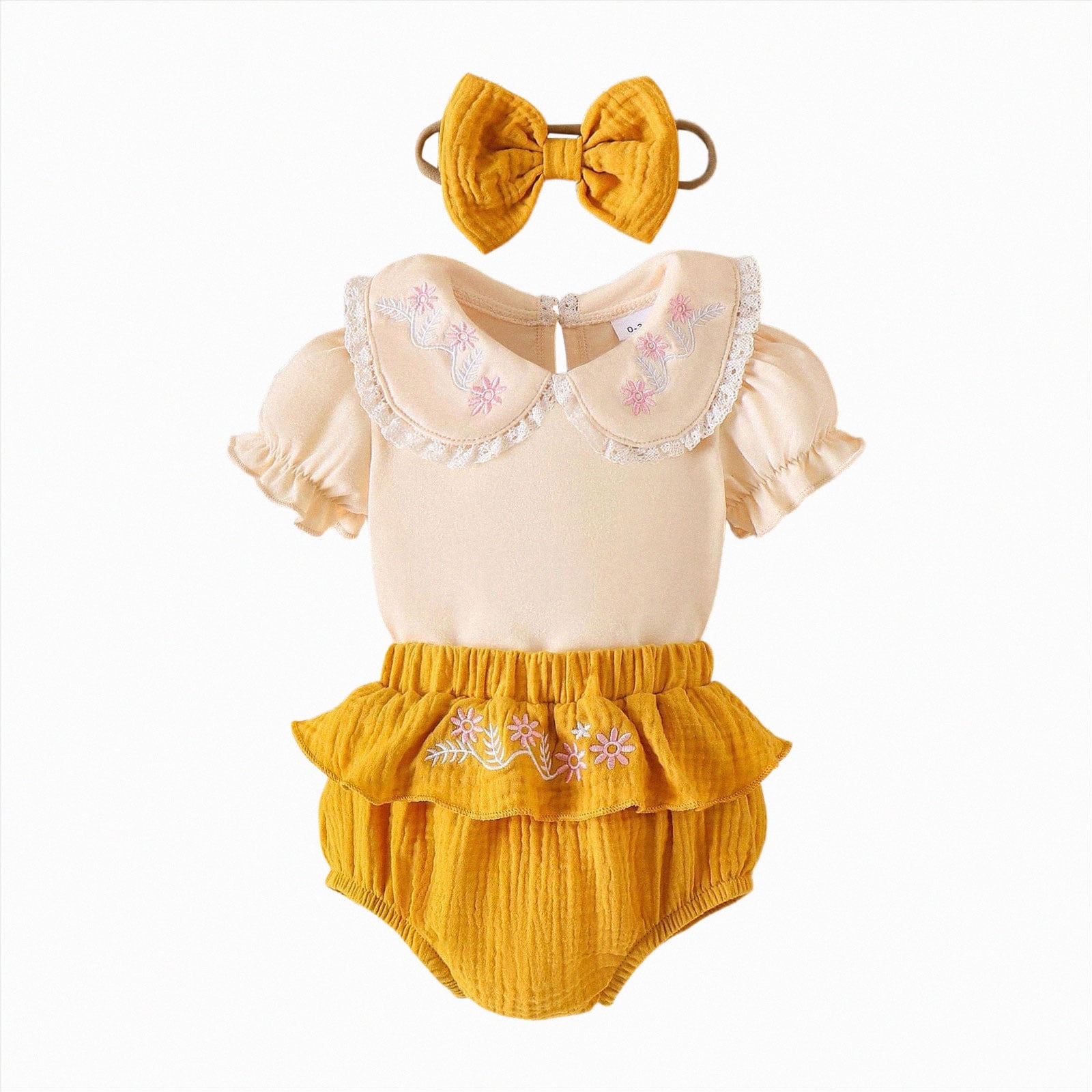 UngA Baby Girl Clothes Summer Outfits Newborn Ruffled Hem Short Sleeve Romper Infant Flower Ruffle Shorts Set with Bow Headband 3-6 Months,Yellow