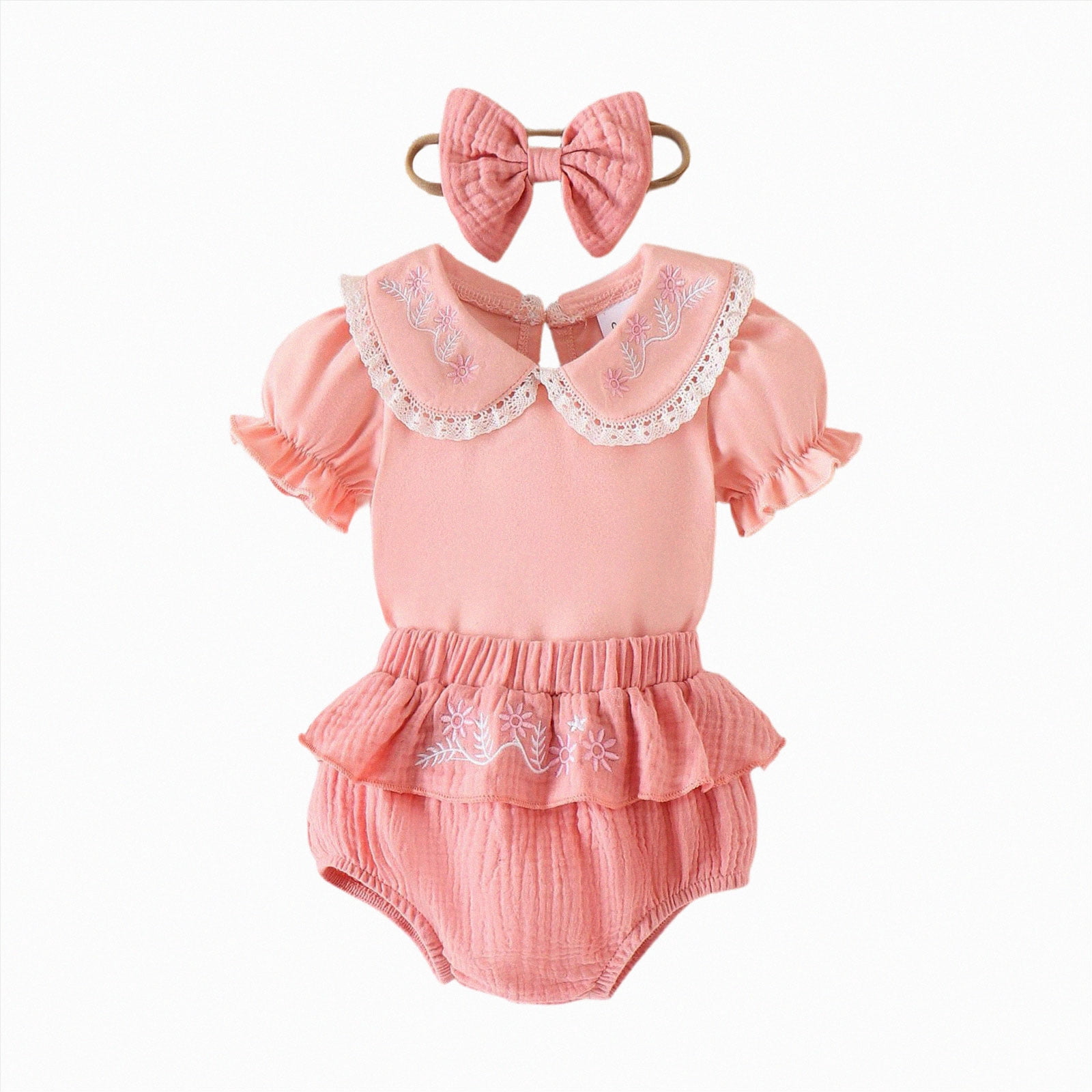UngA Baby Girl Clothes Summer Outfits Newborn Ruffled Hem Short Sleeve Romper Infant Flower Ruffle Shorts Set with Bow Headband 6-9 Months,Pink
