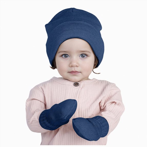 UngA Baby Hats and Mittens Set Infant Toddler Beanie Caps Hospital Hat Set Newborn Gloves for Baby Boys Girls (Navy,3-24 Months)