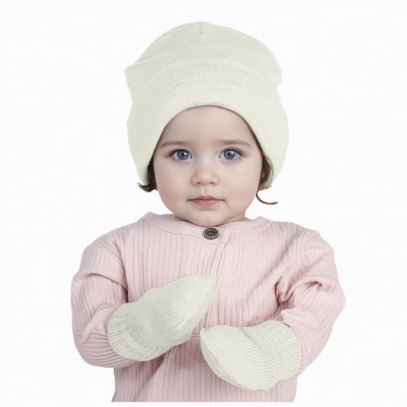 UngA Baby Hats and Mittens Set Infant Toddler Beanie Caps Hospital Hat Set Newborn Gloves for Baby Boys Girls (White,3-24 Months)