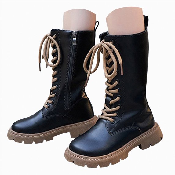 UngA Black Combat Boots for Girls Leather Lace Up Boots Side Zipper Punk Goth Lug Sole Mid Calf Kids Riding Boots (Little Kid/Big Kid),Size 11