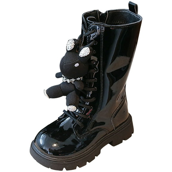 UngA Boots For Girls Girls Winter Long Boots, Lace Up Warm Princess Boots Student Martin Boots Big Kids Black,3