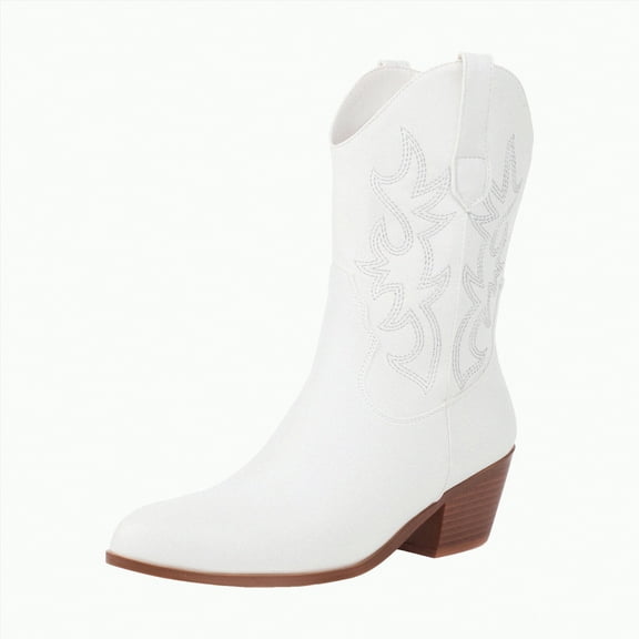 UngA Boots for Women Cowboy Boots for Women Mid Calf Cowgirl Boots with Embroidery Round Toe Western Low Heel Shoes White,6