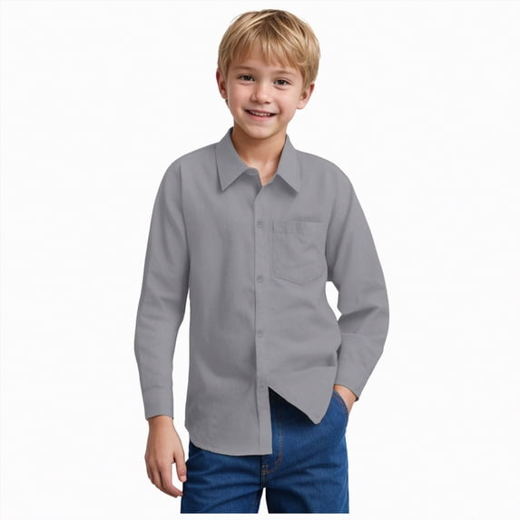 UngA Boy Long Sleeve Dress Shirts Toddler Kids Collared Button Down Uniform Shirt (Grey,13-14 Years)